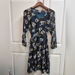 Cabi Pirouette Dress Long-Sleeve Belted Chiffon Dress with Tiered Hi-Lo Hem, M